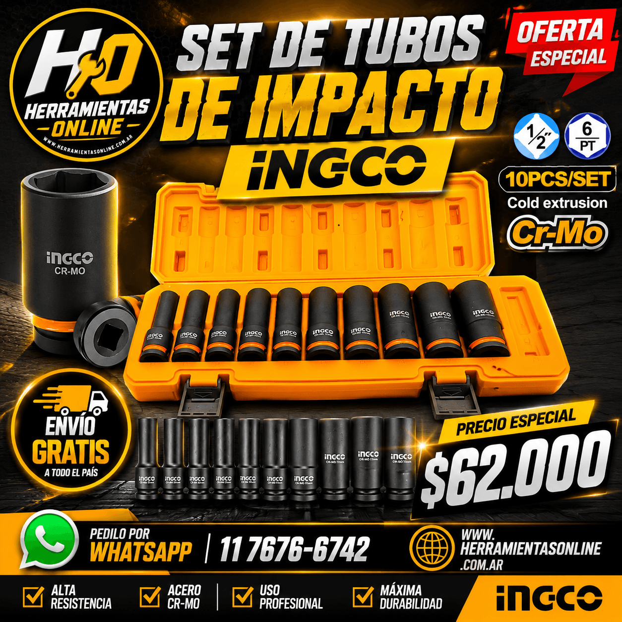 Set de Tubos de Impacto 1/2" INGCO (10 Piezas)
