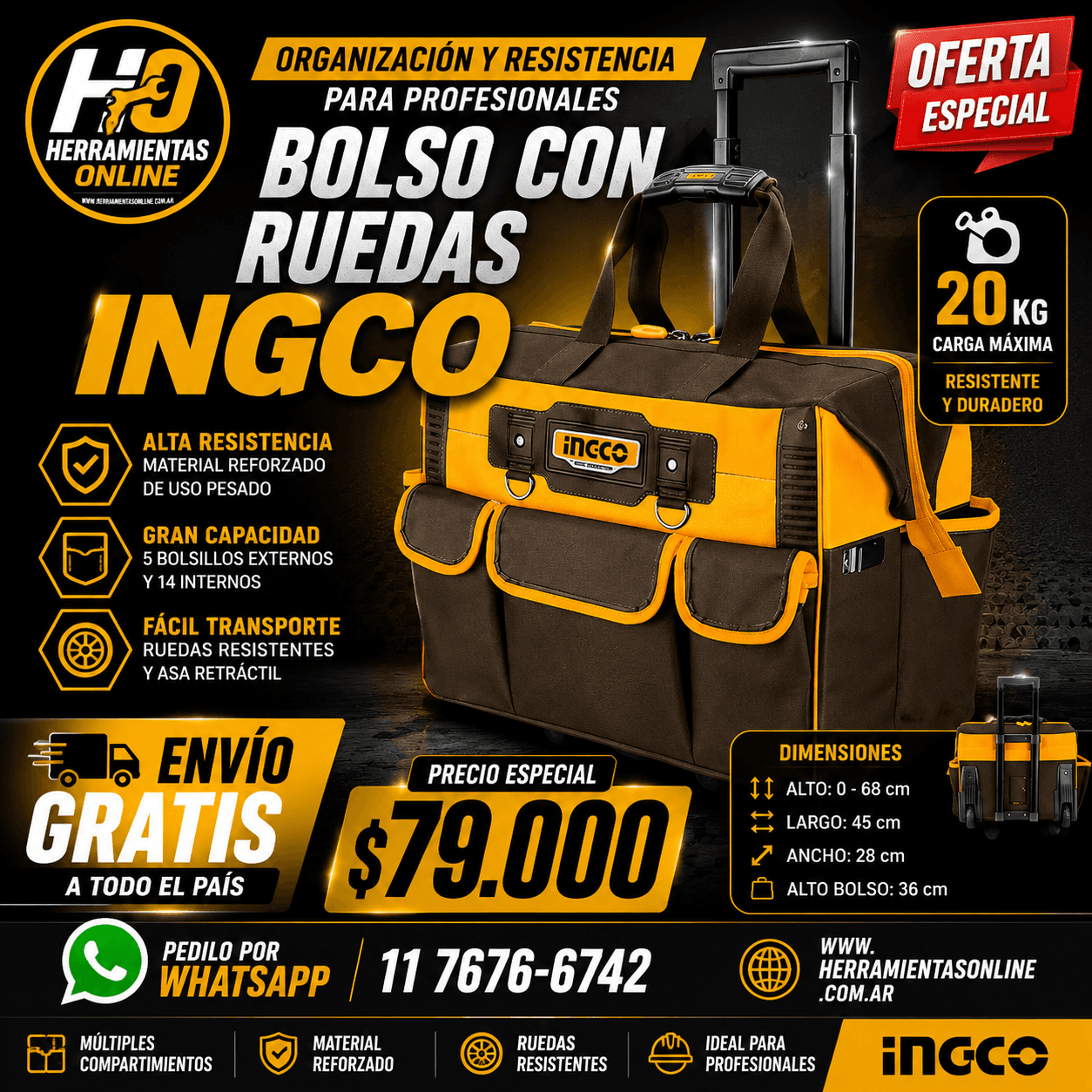 Bolso con Ruedas para Herramientas INGCO