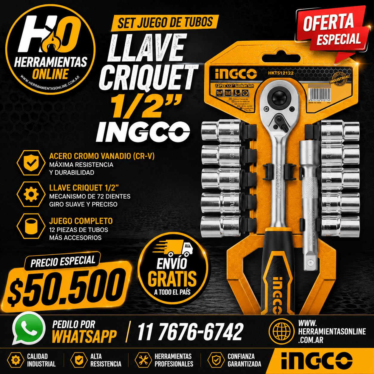 Juego de Tubos con Llave Criquet 1/2" INGCO (12 Pzas)