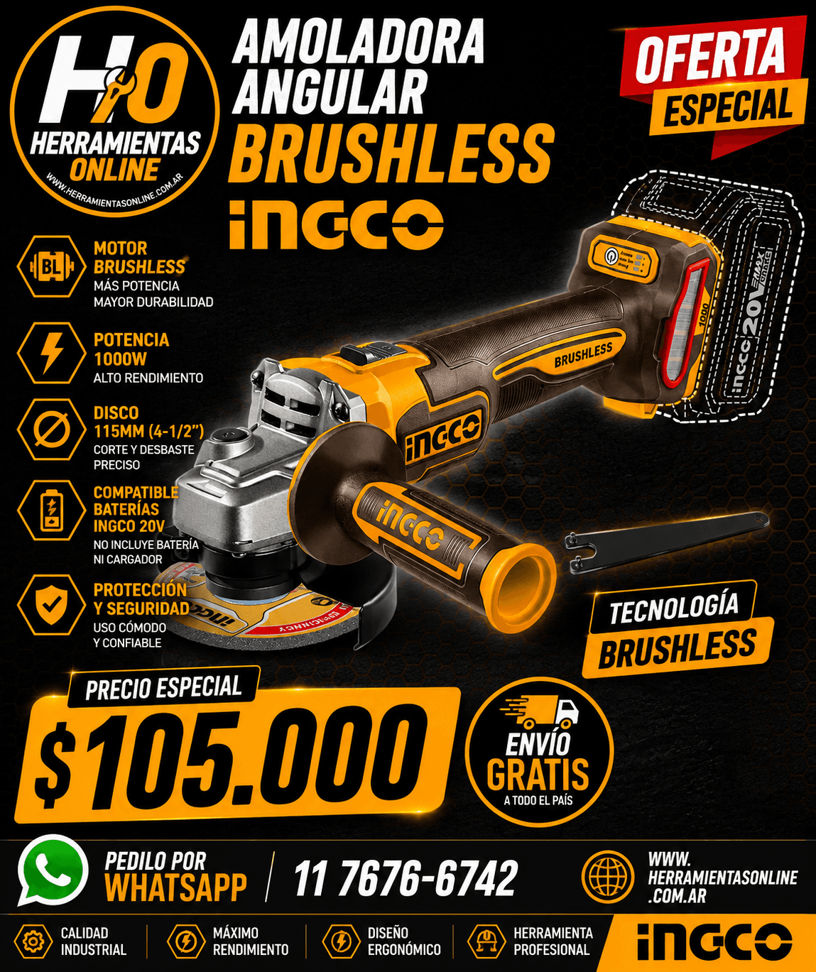 Amoladora Angular a Batería 20V Brushless INGCO